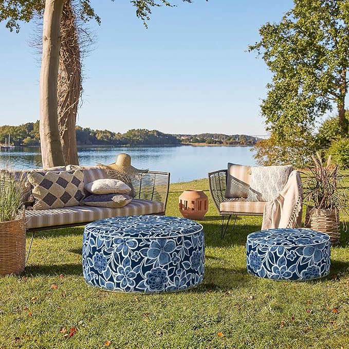 Indoor/Outdoor Inflatable Ottoman D21 x H9 inch, Round Footstool Inflatable Foot Rest Ottomans with Handle, Portable Ottoman Pouf for Patio, Garden, Camping, Home,Flower Navy