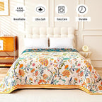 Boho Throw Blanket for Bed, 100% Organic Cotton Breathable Ultra Soft 50" x 60" Quilt Beige Throw - All Season Floral Farmhouse Decor Luxury Reversible Blanket for Sofa Couch Chair and Gift