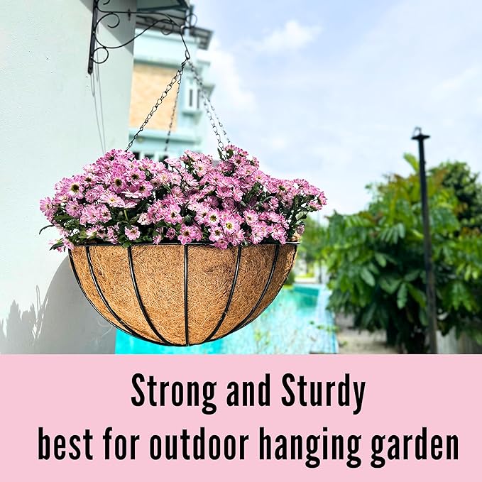 LaLaGreen Hanging Baskets for Plant Outdoor (18 Inch, 4 Pack) Extra Large Black Metal Wire Hanging Planter with Coco Liner Round Flower Pot Holder Hanger Deck Porch Modern Garden Balcony Country Decor
