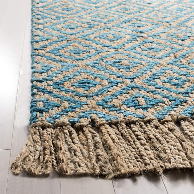 SAFAVIEH Natural Fiber Collection Area Rug - 6' Square, Turquoise & Natural, Handmade Boho Diamond Tassel Jute, Ideal for High Traffic Areas in Living Room, Bedroom (NF266C)