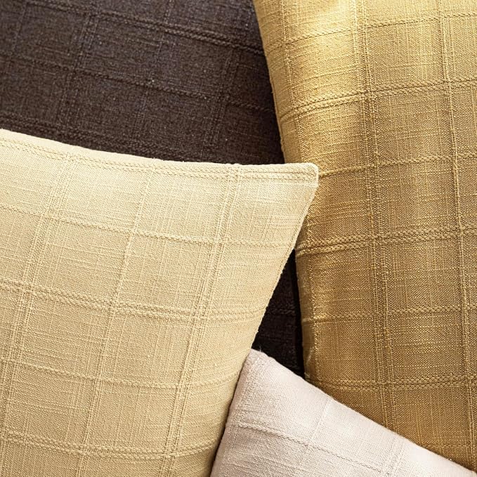 Foindtower Set of 2 Decorative Linen Check Throw Pillow Covers Neutral Farmhouse Vintage Cushion Covers Modern Boho Accent Home Decor for Sofa Chair Couch Bedroom Living Room,20×20 Inch,Amber Gold