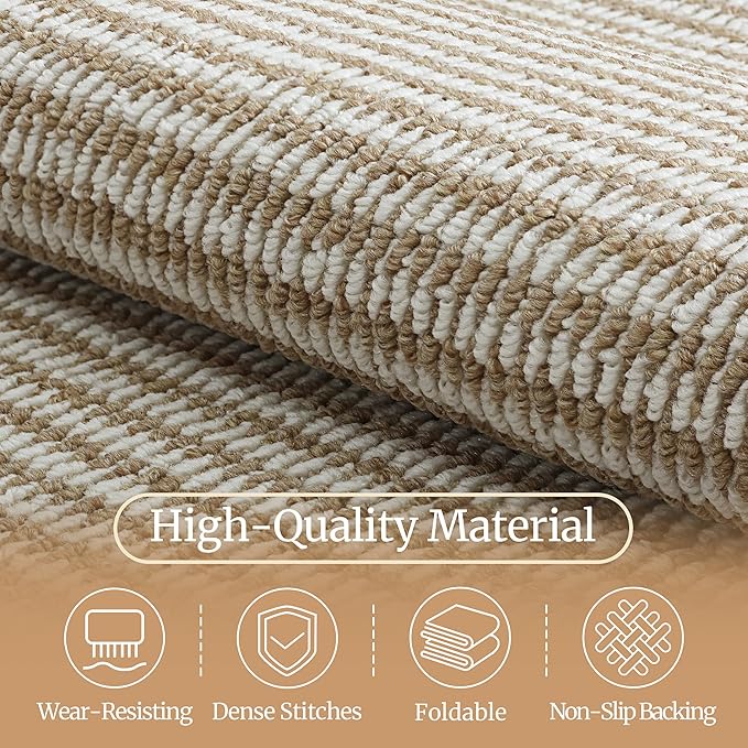 Faux Jute Non-Slip Area Rug, 2x3 Washable Pet-Friendly Floor Mat for Living Room, Bedroom, Entryway, Machine Woven Durable Scratch Resistant Carpet, Cream Beige/Brown