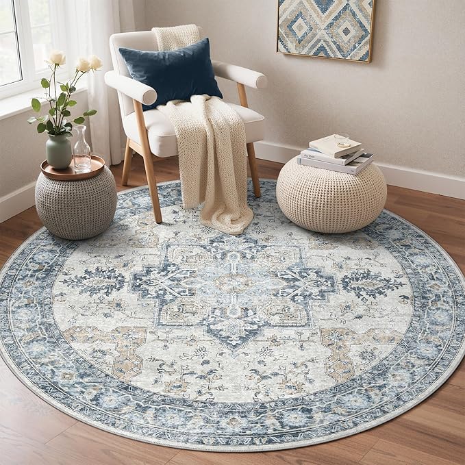 GENIMO 6FT Round Area Rugs for Living Room, Circle Rugs Machine Washable Low Pile, Chenille Non Slip Vintage Rug for Bedroom, Dining Room, Home Office, Blue