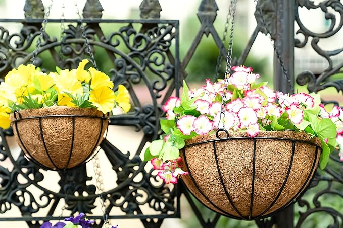 Kingbuy 12-Inch Metal Hanging Basket with Coconut Liner - Rust-Resistant Wire Planter Flower Pot Holder for Indoor Outdoor Plants, Garden Balcony Patio Decoration - 2 Pack