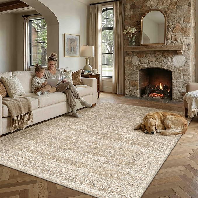 9x12 Washable Area Rug for Living Room Bedroom Vintage Beige Non Slip Carpet Traditional Retro Soft Low Pile Large Throw Rug for Dining Room Kitchen Office Indoor