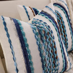 Boho Striped Throw Pillow Covers 18x18 Inch Set of 2 Farmhouse Square Decorative Pillow Covers Chenille Tufted Accent Neutral Pillowcase Blue Cushion Cover for Living Room Couch Sofa Bed