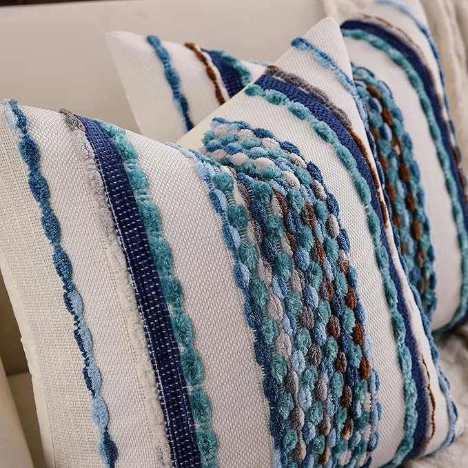 Boho Striped Throw Pillow Covers 18x18 Inch Set of 2 Farmhouse Square Decorative Pillow Covers Chenille Tufted Accent Neutral Pillowcase Blue Cushion Cover for Living Room Couch Sofa Bed