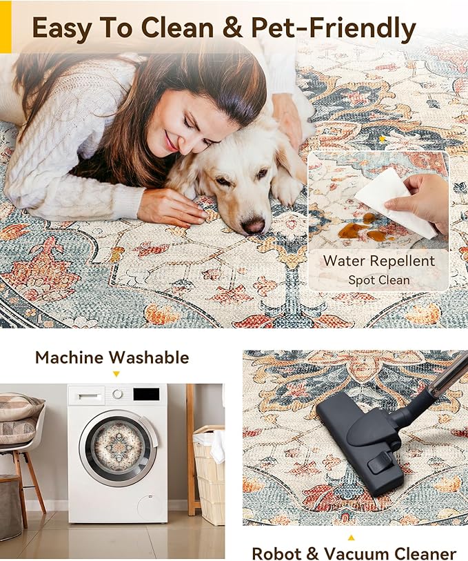 Area Rugs 7ft Washable Non-Slip, Floral Vintage Distress Print Pattern Medallion Carpet for Living Room Bedroom Dining Room, Beige Navy Blue Orange Colorful