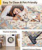 Area Rugs 7ft Washable Non-Slip, Floral Vintage Distress Print Pattern Medallion Carpet for Living Room Bedroom Dining Room, Beige Navy Blue Orange Colorful