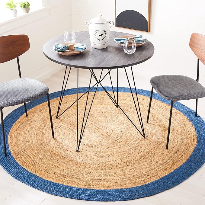 SAFAVIEH Natural Fiber Collection 6' Round Natural/Blue NFB852M Handmade Flatweave Boho Farmhouse Rustic Border Jute Area Rug