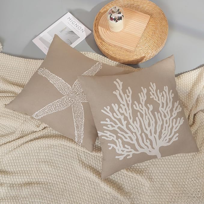 Coastal Pillow Covers 20x20 Inch Set of 2 Brown Tan Coral Starfish Throw Pillows Summer Nautical Beach Ocean Decorations Linen Pillowcase Outdoor Decor Farmhouse Cushion Case for Home Bedroom