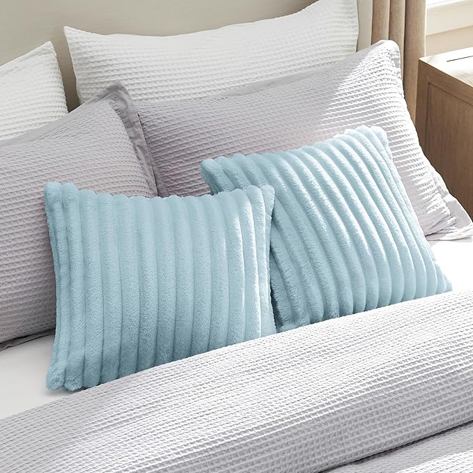 Bedsure Double-Side Striped Throw Pillow Covers 18x18 Set of 2, Spring Fluffy Light Blue Soft Decorative Pillow Covers, Home Decor for Couch Sofa Living Room Bedroom