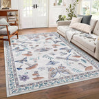 Washable Rug 9x12 Area Rugs for Living Room, Mushroom Insect for Bedroom, 9x12 Rug Non Slip Carpet with Rubber Back, Low Pile Stain Resistant Modern Carpet for Dining Room Dorm, Beige