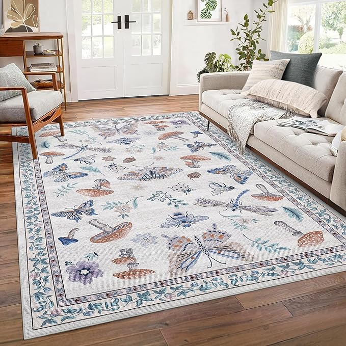 Washable Rug 9x12 Area Rugs for Living Room, Mushroom Insect for Bedroom, 9x12 Rug Non Slip Carpet with Rubber Back, Low Pile Stain Resistant Modern Carpet for Dining Room Dorm, Beige