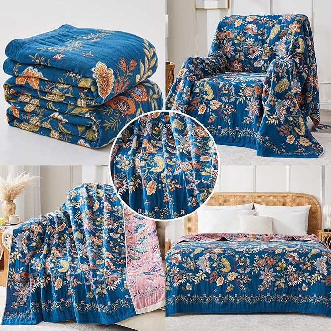 Boho Blanket Soft Muslin BohoThrow Blanket, 100% Cotton Floral Printed Farmhouse Decor All Season Reversible Rustic Throw for Sofa Couch Chair (Blue, 50"x60")