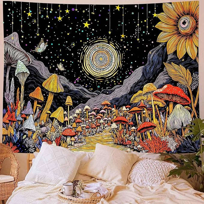 Yeoiat Tapestry Mystical Mushroom Path Tapestries Celestial Forest Tapestries Vibrant Sunflower Wall Tapestry Bedroom Dormitory Living Room Decoration 60"x44"