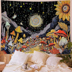 Yeoiat Tapestry Mystical Mushroom Path Tapestries Celestial Forest Tapestries Vibrant Sunflower Wall Tapestry Bedroom Dormitory Living Room Decoration 60"x44"