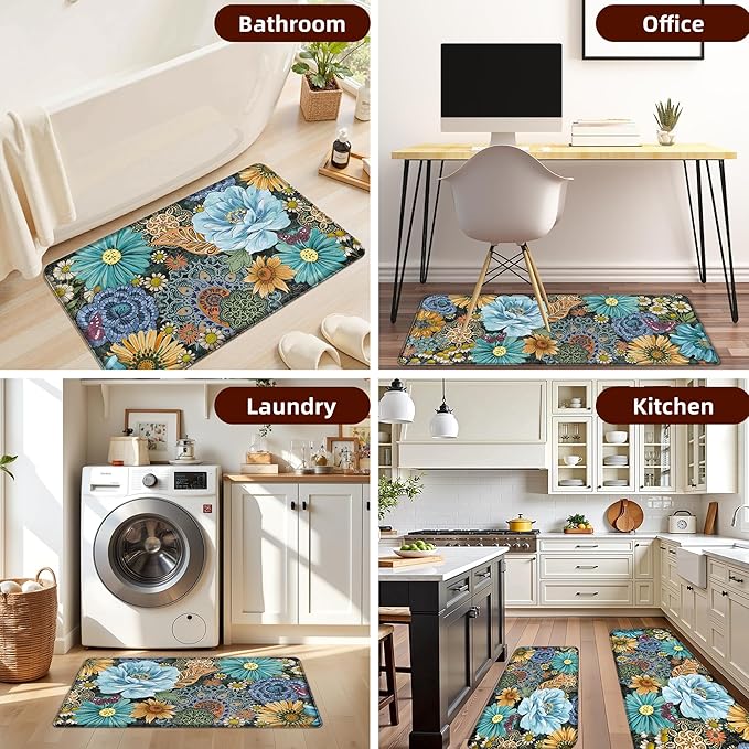 Boho Floral Kitchen Mats for Floor 2PCS Anti Fatigue Mats for Kitchen Floor Cushioned Non Slip Waterproof Memory Foam PVC Kitchen Rugs Set for Sink,Office,Laundry 17.3"x28"+17.3"x47"