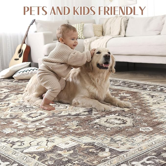 Washable Rug 10x14 Area Rugs: Boho Vintage Distressed Oriental Medallion Neutral Thin Large Rug Carpet for Living Room Bedroom Dining Room Home Office Decor - Dark Brown