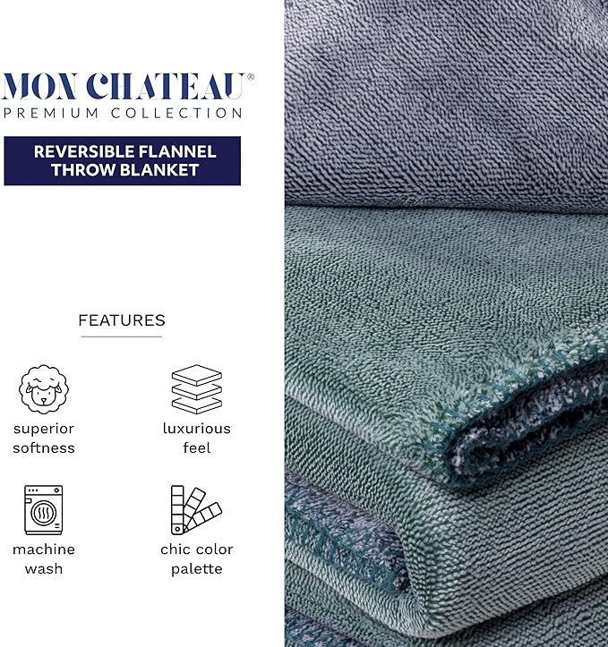 Mon Chateau 60" x 70" Fireside Mélange Throw Blanket, Contrast Stitching Soft Blanket for Queen-Size Bed, Couch, or Sofa, Cozy Home Decor and Stylish Living Room Comfort, Sagewood