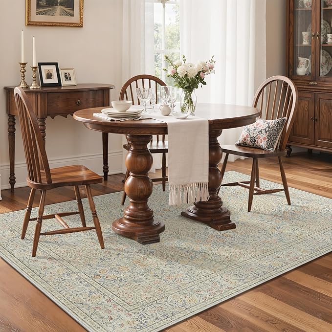 GENIMO 5x7 Area Rug for Living Room, Washable Vintage Floral Low-Pile Non-Slip Carpet for Bedroom Dining Room, Stain Resistant Botanical Accent Rug (Beige)