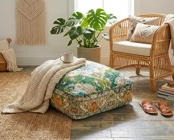 Mandala Life ART Moroccan Pouf Ottoman Cover Green Square Meditation Pillow Case Boho Room Décor Moroccan Seating Area Perfect for Living Room, Bedroom, Nursary or Children Room Cotton 24x8 Unstuffed