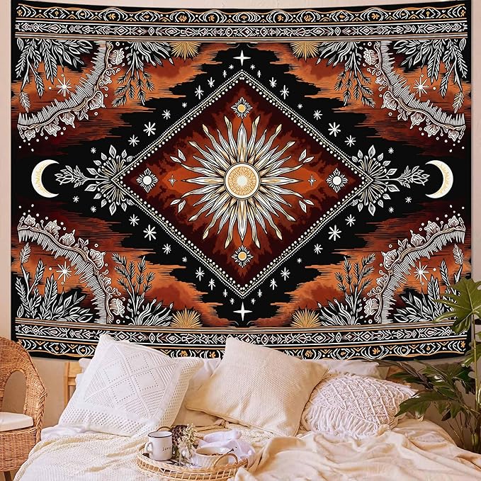 Accnicc Hippie Sun and Moon Tapestry Boho Mandala Floral Wall Tapestry for Bedroom Aesthetic Vintage Plant Celestial Dark Brown Small Tapestries Wall Hanging for Dorm Living Room Decor 60 x 44 Inch