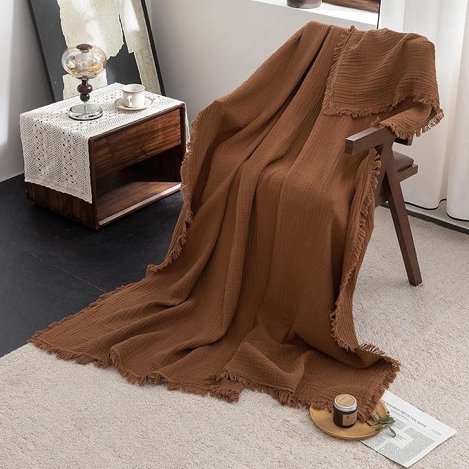FOSSA Muslin Blanket with Fringe - 4-Layer 100% Cotton Gauze Super Soft & Breathable Throw -Lightweight Decorative Cooling Blanket for Bed, Sofa, Office -Twin XL Size 66" × 90" (Dark Orange)