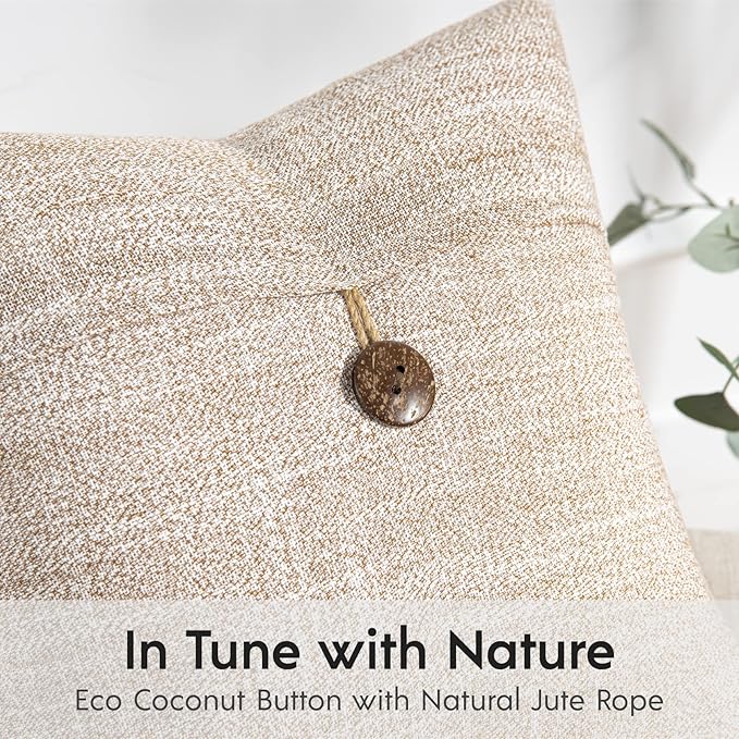 Phantoscope Pack of 2 Farmhouse Throw Pillow Covers Premium Coconut Button Vintage Linen Solid Decorative Pillow Cover for Couch Bed and Chair Beige 20 x 20 inches 50 x 50 cm