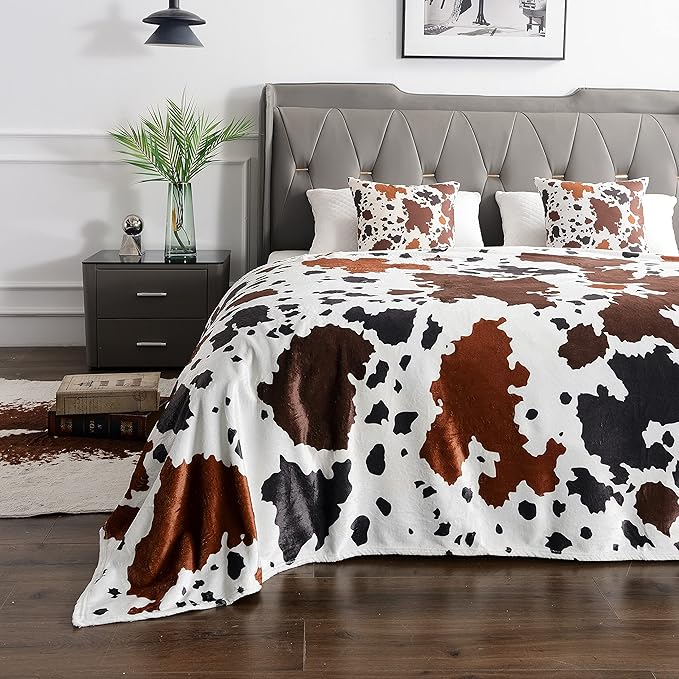 WIBUE Cow Throw Blanket 80"x60" with 2 Pcs Pillow Covers 18"x18", Decorative Fleece Blanket 3 Piece Set, Fuzzy Soft Cozy Warm Lightweight Blanket for Bed Sofa Couch Chair