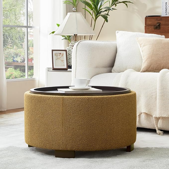 30 Inch Round Storage Ottoman, Ottoman Coffee Table with Lift Off Lid, Boucle Modern Ottomans with Storage for Living Room, Bedroom, Apartments (Yellow)