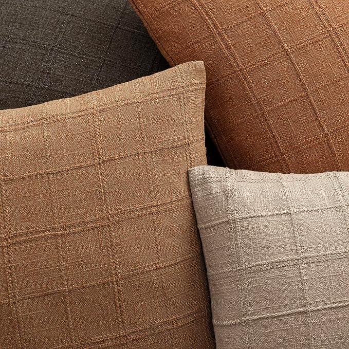 Foindtower Set of 2 Decorative Linen Check Throw Pillow Covers Neutral Farmhouse Vintage Cushion Covers Modern Boho Home Decor for Sofa Chair Couch Bedroom Living Room,26×26 Inch,Brick