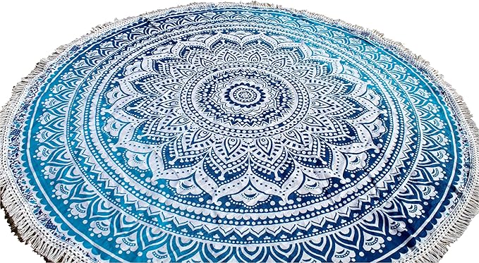 Round Beach Tapestry Turquoise Mandala Throw/Boho Hippie Beach Blanket Roundie/Indian Cotton Bohemian Large Round Table Cloth-Home Decor/Yoga Mat Meditation Picnic Rug (42", Blue and White)