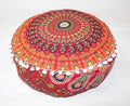 CRAFT KALA Red Peacock Large Hippie Mandala Meditation Floor Ottoman Pillow Cushion Pouf Cover Square Poufs Bohemian Circle Floor Cushion Case Outdoor Fireplace Yoga Living Room Decor Cover 16" Round