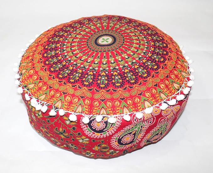 INDIAN CRAFT CASTLE ICC Red Peacock Mandala Barmeri Large Floor Pillow Cover Cushion Meditation Seating Ottoman Throw Cover Hippie Decorative Zipped Bohemian Pouf Ottoman Cases 16" Round
