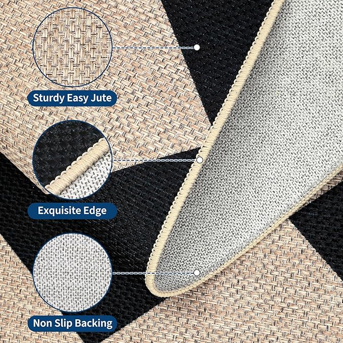 GarveeHome Easy Jute 8x10 Area Rugs for Living Room Checkered Rugs Machine Washable Non-Slip Backing Indoor Outdoor Carpets for Farmhouse Dining Room Nursery Patio Black