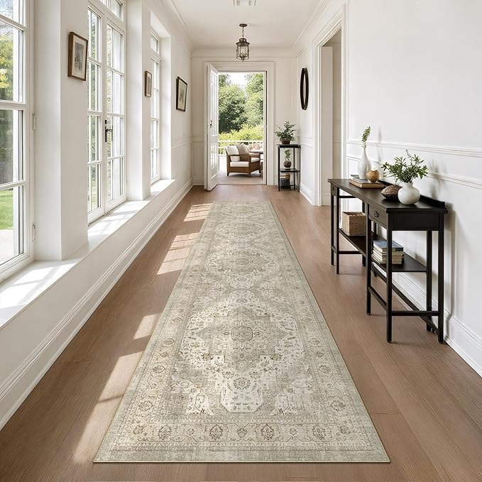 Washable Runner Rug 2.6x10 Runners for Hallways, Ultra-Thin Carpet Runners for Entryway Anti Slip Backing Runner Rugs for Kitchen Laundry Room Indoor Hallway (Ivory/Beige)