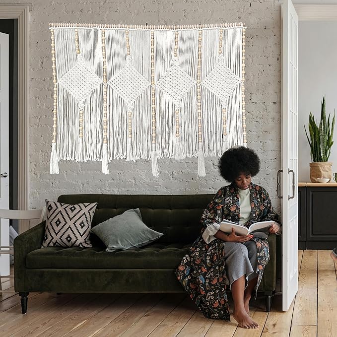 kiido Large Macrame Wall Hanging 47"×33" Boho Tapestry Woven Wall Decor- Cotton Tassel Macrame Curtain Beige Chic Bohemian Wall Art for Home Living Room Bedroom Dorm Wedding (Includes Hanging Rod)