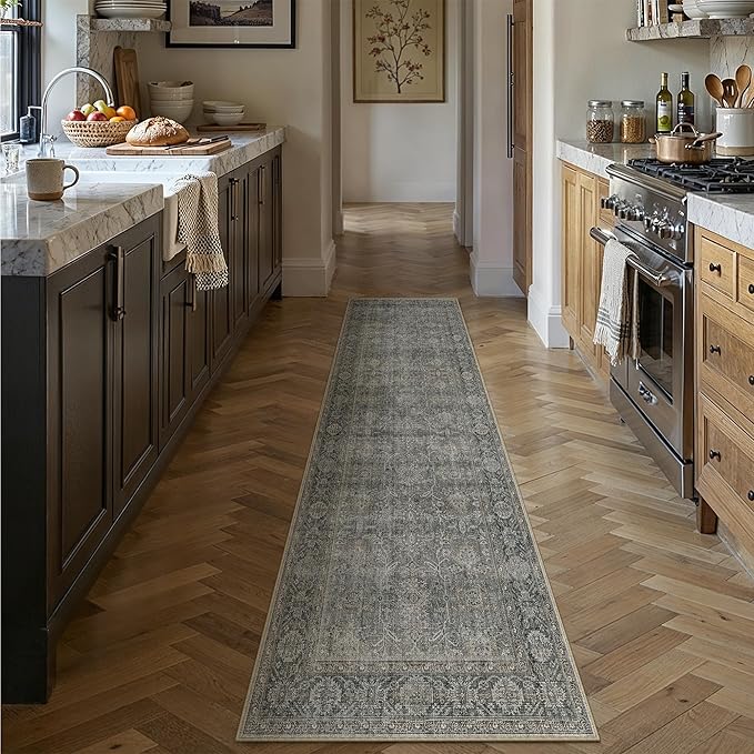 Grey Brown Runner Rug 2x8 Vintage Carpet Hallway Long Indoor Kitchen Washable Living Room Low Pile Traditional Distressed Retro Accent Throw Rug Non Slip Laundry Bathroom Office Dining Room