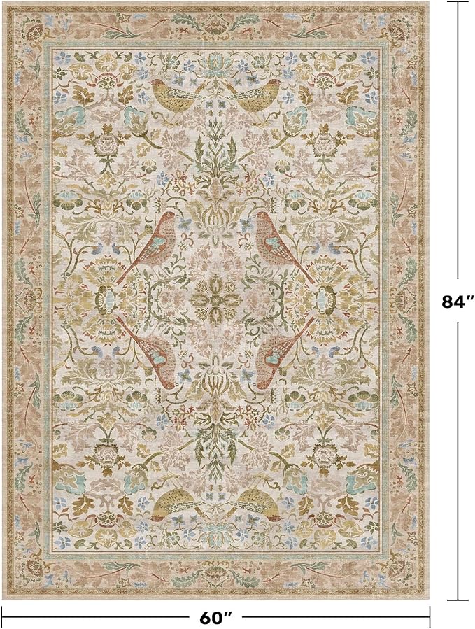 Washable Area Rugs 5x7 for Living Room - Boho Cottagecore Earthy Rugs for Bedroom, Dining Room, Office with Vintage Beige Taupe Botanical & Bird Pattern, Non Slip Stain Resistant Low Pile