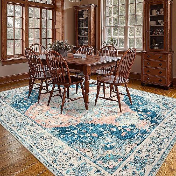 YJ.GWL Area Rugs for Living Room 9x12 Machine Washable Rugs, Non Slip Floral Vintage Rug Indoor Carpet, Stain Resistant Large Rug for Bedroom Dining Room, Dark Blue