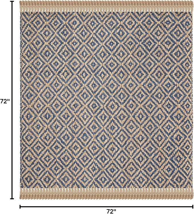SAFAVIEH Natural Fiber Collection Area Rug - 6' Square, Tropical Blue & Natural, Handmade Boho Diamond Tassel Jute, Ideal for High Traffic Areas in Living Room, Bedroom (NF266D)