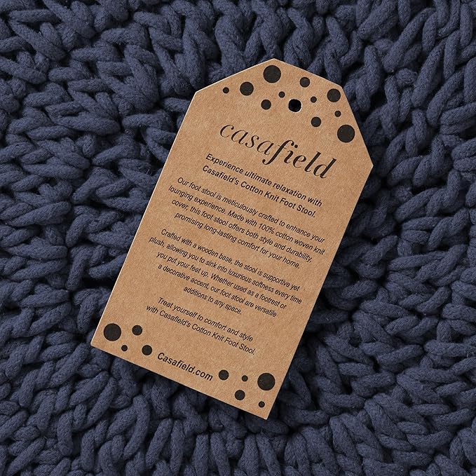 Casafield Pouf Ottoman Footstool, 13" Round x 11" High, Hand-Knitted Cotton Footrest, Non-Skid Wood Legs, Boho Foot Stool for Living Room, Bedroom (Navy Blue)