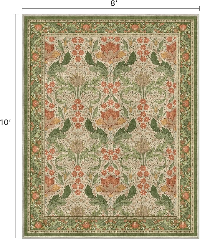 Bavni 8x10 Area Rugs for Living Room, Microfiber Machine Washable Non-Slip Vintage Floral Rug, Low Pile Lightweight Carpet for Bedroom, Dining Room, Home Office, Sage Green & Burnt Orange