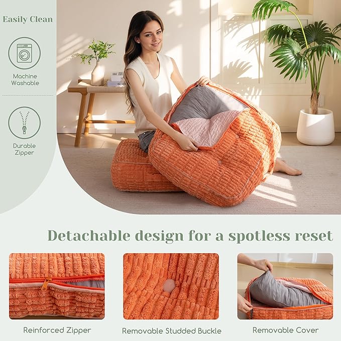 8" Washable Floor Pillow Cushion for Adults, Meditation Cushion Pillow, Removable Tufted Blended Corduroy Cover, Large Square Floor Sitting for Tatami Living Room or Yoga, 2Pack, Machine Washable