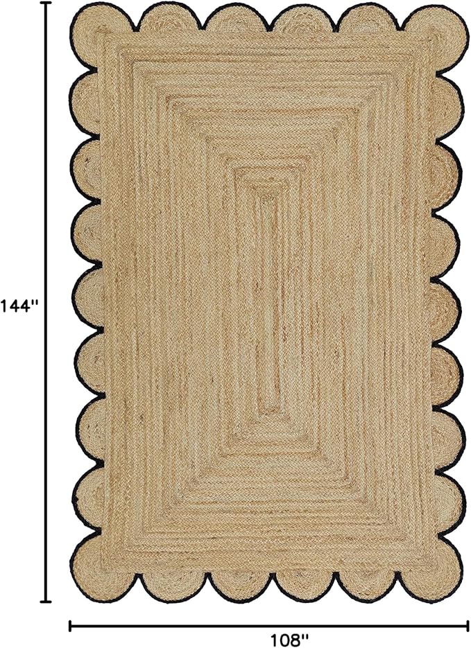 Scalloped Natural Jute Area Rug, Black Trim, 9'x12'