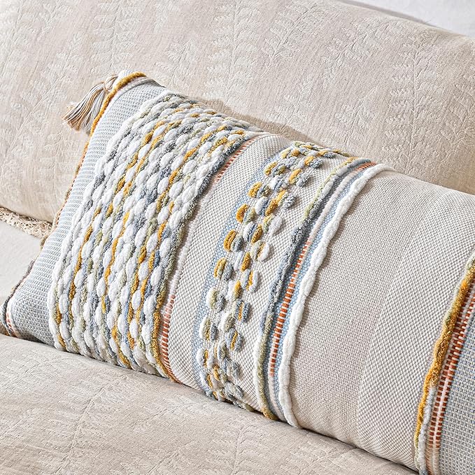 AmHoo Chenille Striped Textured Boho Throw Pillow Covers Aesthetic with Tassels Woven Decorative Pillow Case for Couch Bed Sofa Bedroom Modern Funky 14 x 36-Inch Grey