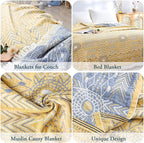100% Cotton Soft Boho Throw Blanket for Bed 60x80,Muslin Breathable Lightweight Gauze Spring Blankets for Couch Sofa All Seasons,Bohemian Decor Floral Quilt Rustic Throw Blanket,Yellow
