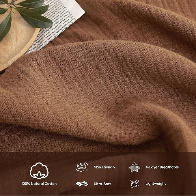 FOSSA Muslin Blanket with Fringe - 4-Layer 100% Cotton Gauze Super Soft & Breathable Throw -Lightweight Decorative Cooling Blanket for Bed, Sofa, Office -Oversize Queen Size 98" × 98" (Dark Orange)