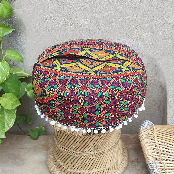 INDIAN CRAFT CASTLE ICC Floor Pillows & Cushion Covers Decorative Hippie Mandala Pouf Pillow Covers Seating Meditation Cushion Cover Large Boho Ottoman Case Pillowcase Couch New Blue, 16" Round